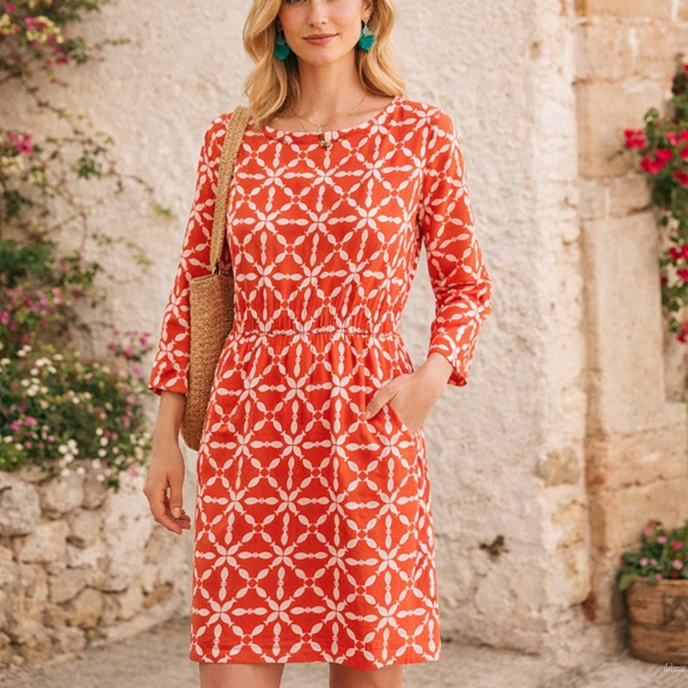 Boden Orange White Geometric Floral Tile Print Elastic Waist Pocket Dress US 2